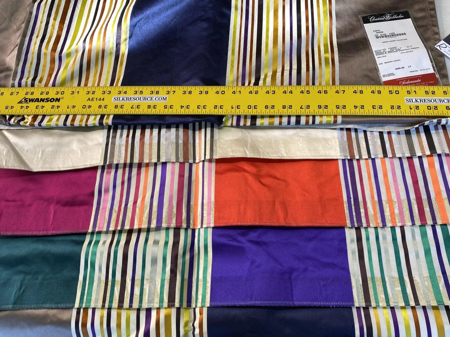 3 Boxr Scalamandre 2.4yds Forte In Creme Silk Satin Navy Blue Gold Mocha Brown Christian Fischbacher Showroom Sample MSRP USD 644/Y
