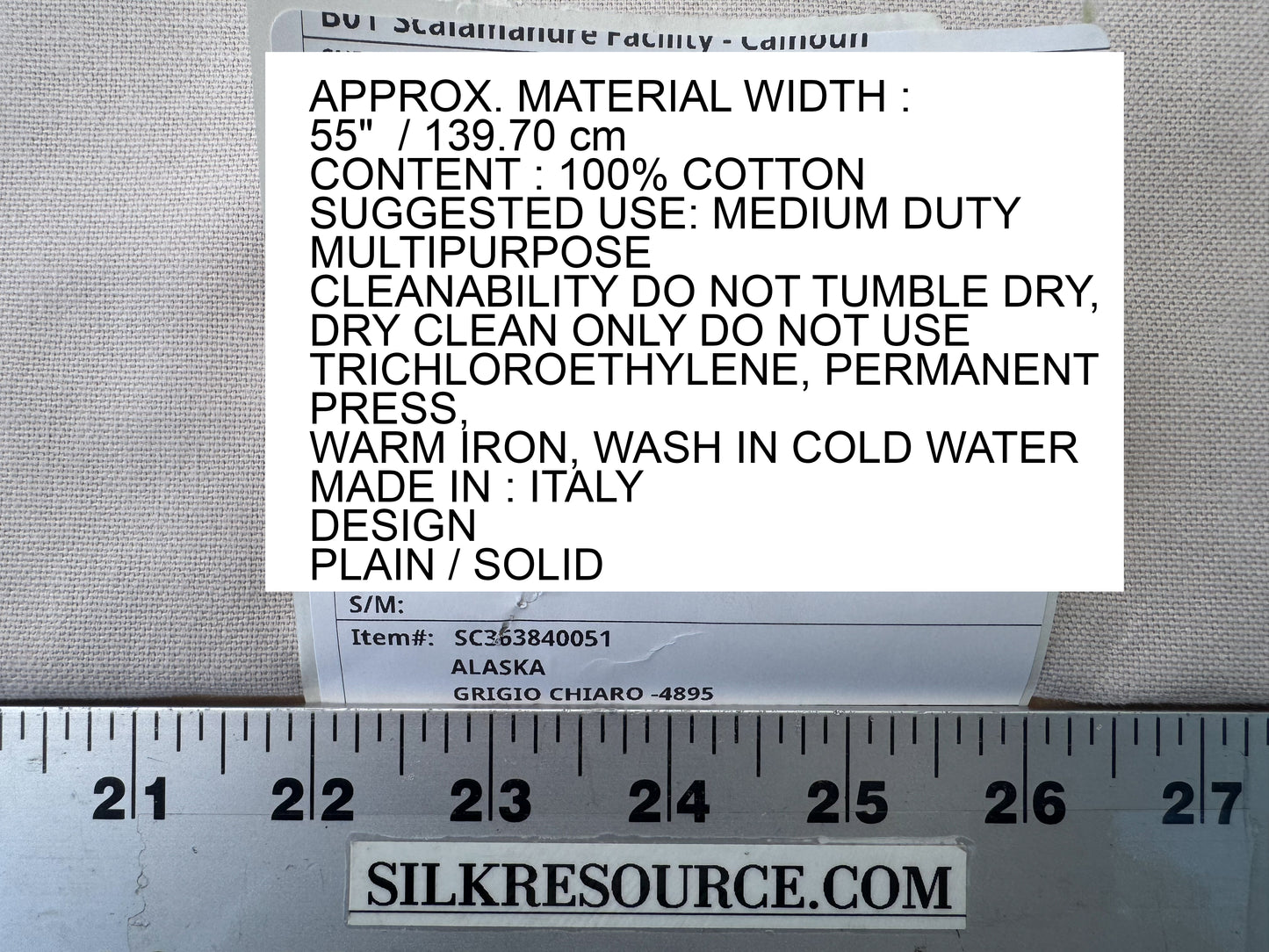 Scalamandre Alaska Grigio Chiaro Light Gray 100% Cotton Solid  - By the yard