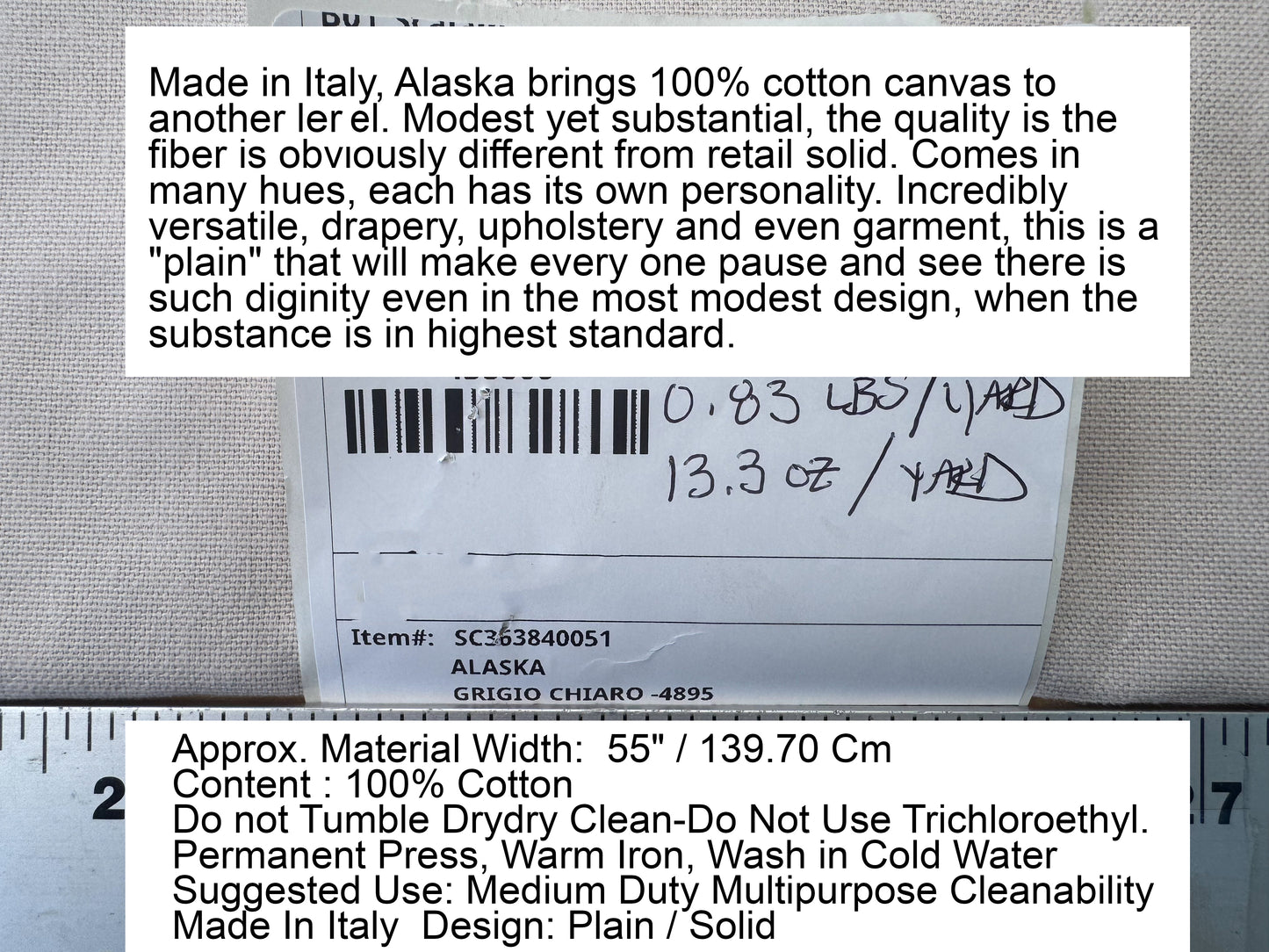 Scalamandre Alaska Grigio Chiaro -4895 Light Gray 100% Cotton Solid  - By the yard