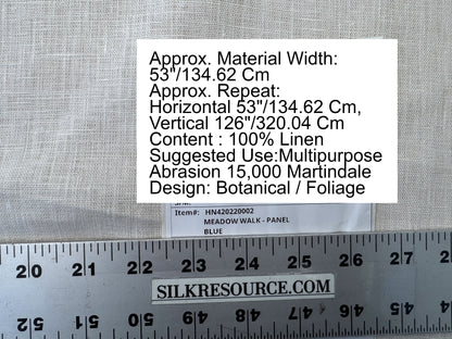 Scalamandre Maedow Walk Panel Blue White 100% Linen Botanical - By Vertical Repeat 126 inches