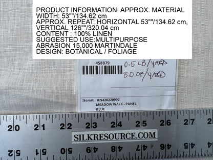 Scalamandre Meadow Walk Panel Blue White 100% Linen Botanical - By Vertical Repeat 126 inches