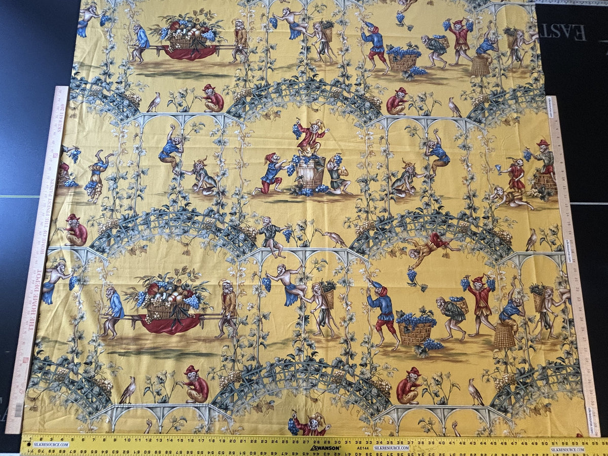2.2Y Scalamandre Fonthill La Vendemmia in Yellow Gold Print Cotton Monkey Grape Vineyard Harvest