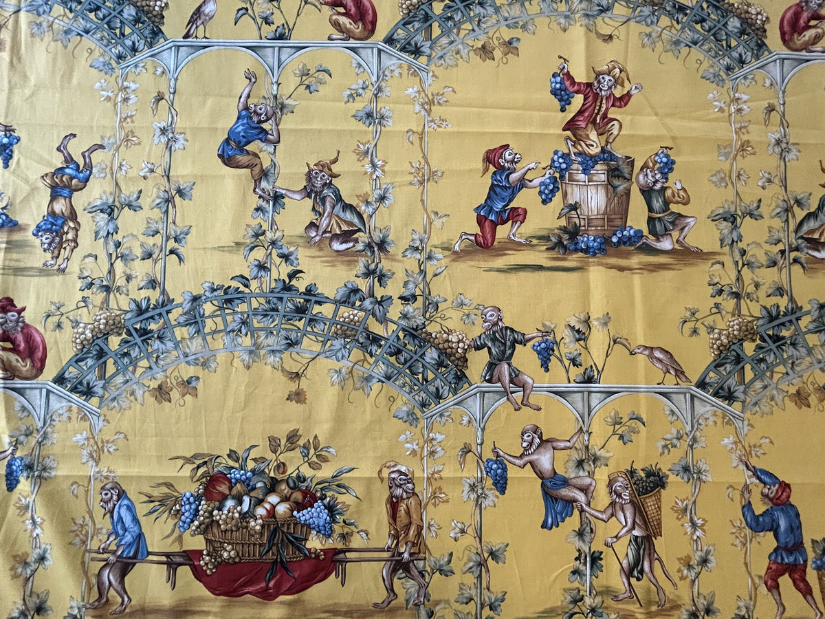 2.2Y Scalamandre Fonthill La Vendemmia in Yellow Gold Print Cotton Monkey Grape Vineyard Harvest