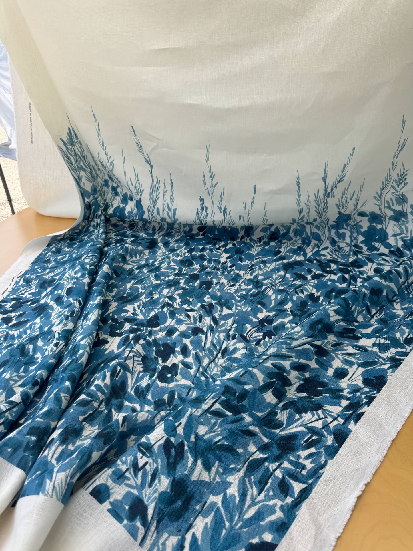 Scalamandre Maedow Walk Panel Blue White 100% Linen Botanical - By Vertical Repeat 126 inches