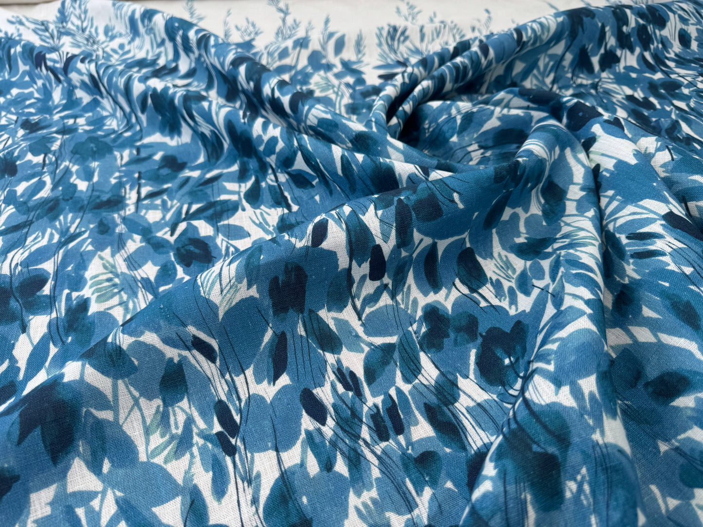Scalamandre Maedow Walk Panel Blue White 100% Linen Botanical - By Vertical Repeat 126 inches
