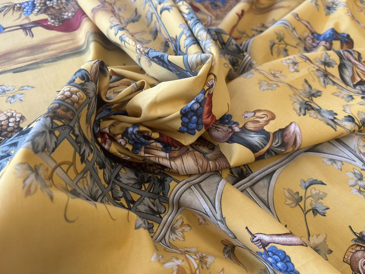 2.2Y Scalamandre Fonthill La Vendemmia in Yellow Gold Print Cotton Monkey Grape Vineyard Harvest