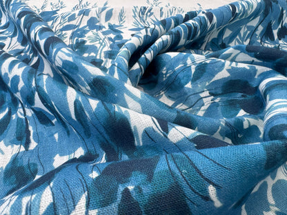 Scalamandre Maedow Walk Panel Blue White 100% Linen Botanical - By Vertical Repeat 126 inches