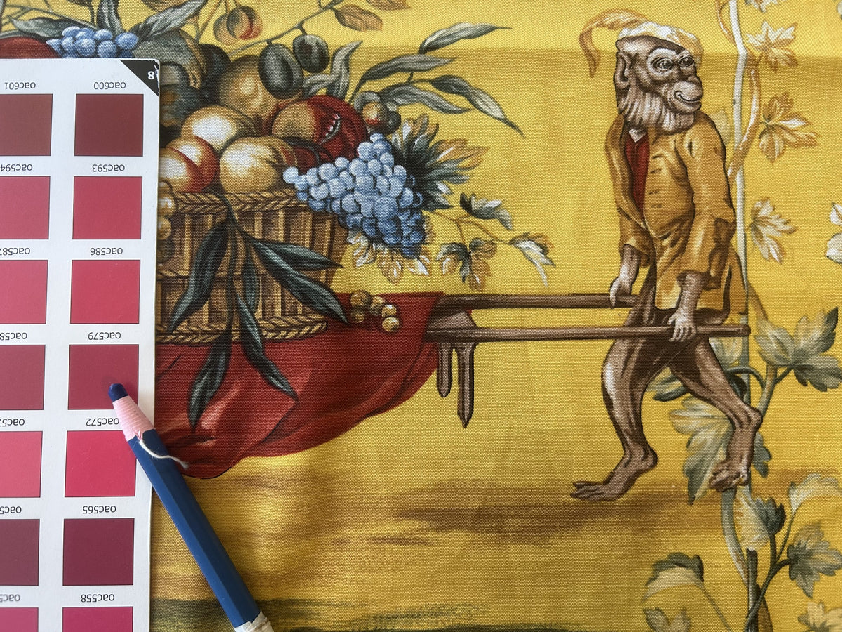 2.2Y Scalamandre Fonthill La Vendemmia in Yellow Gold Print Cotton Monkey Grape Vineyard Harvest