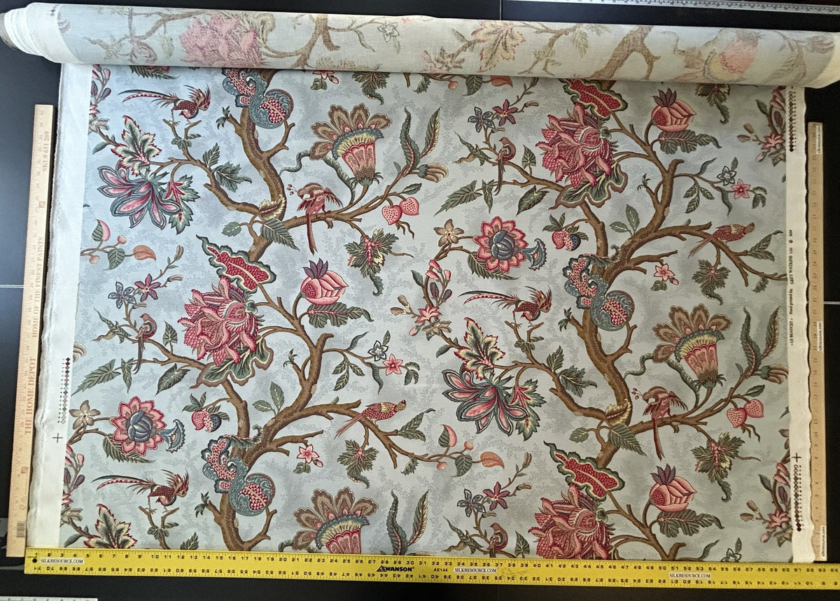 Scalamandre Grey Watkins Le Beaucet Linen Hand Print Bird Flower Chinoiserie Palampore Blue Pink Red