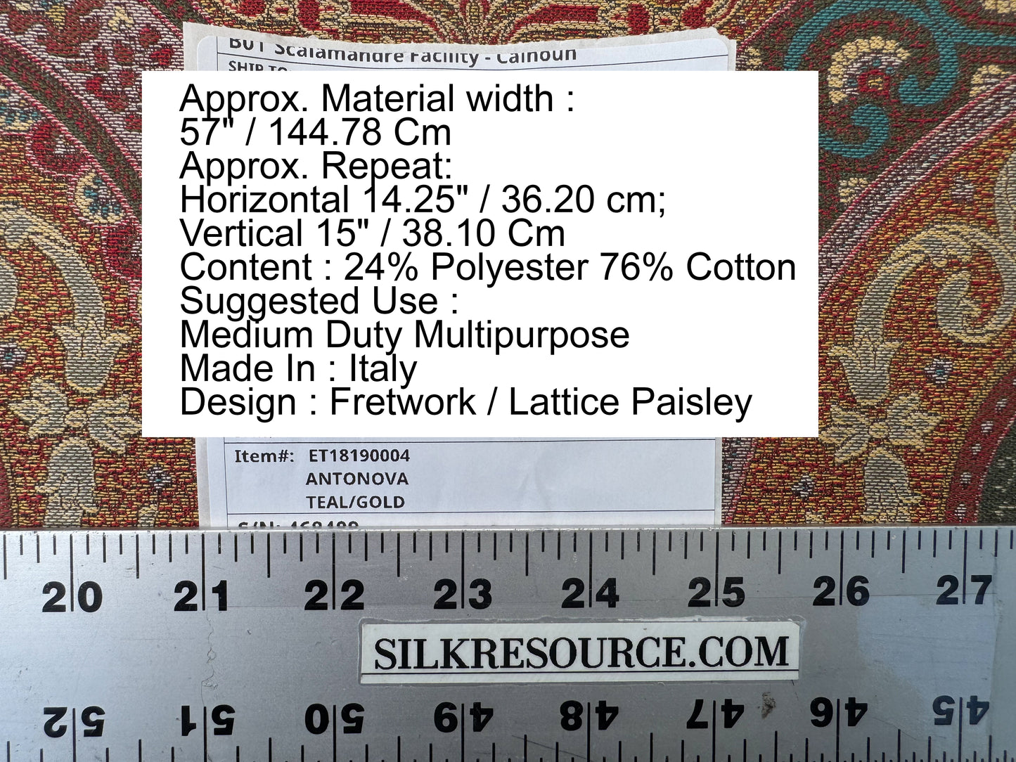 Scalamandre Antonova Teal/Gold Blue Red Cotton Fretwork Lattice Paisley - by the yard