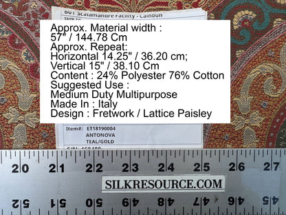Scalamandre Antonova Teal/Gold Blue Red Cotton Fretwork Lattice Paisley - by the yard