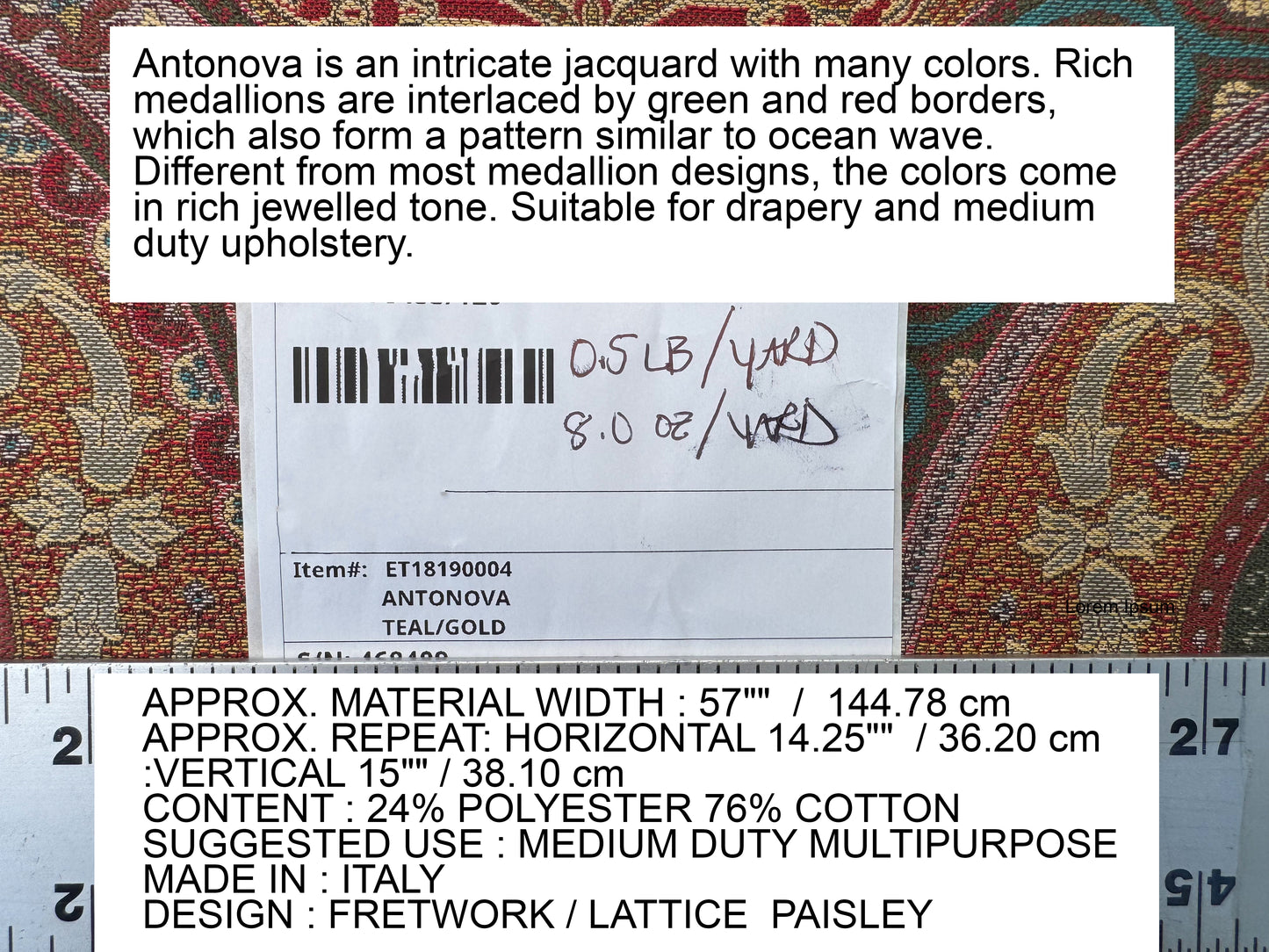 Scalamandre Antonova Teal/Gold Blue Red Cotton Fretwork Lattice Paisley - by the yard
