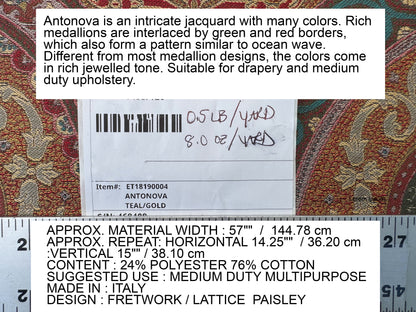 Scalamandre Antonova Teal/Gold Blue Red Cotton Fretwork Lattice Paisley - by the yard