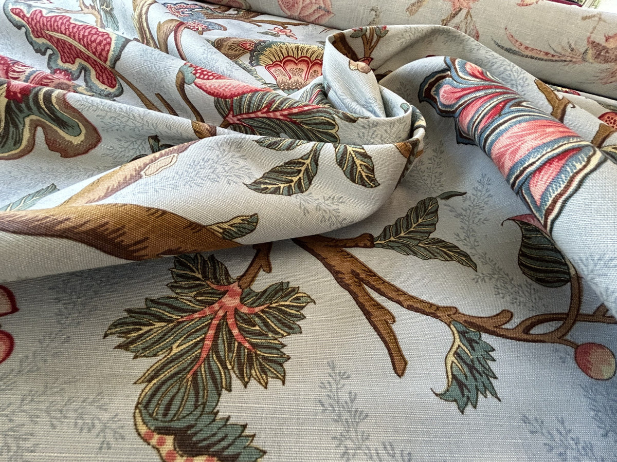 Scalamandre Grey Watkins Le Beaucet Linen Hand Print Bird Flower Chinoiserie Palampore Blue Pink Red