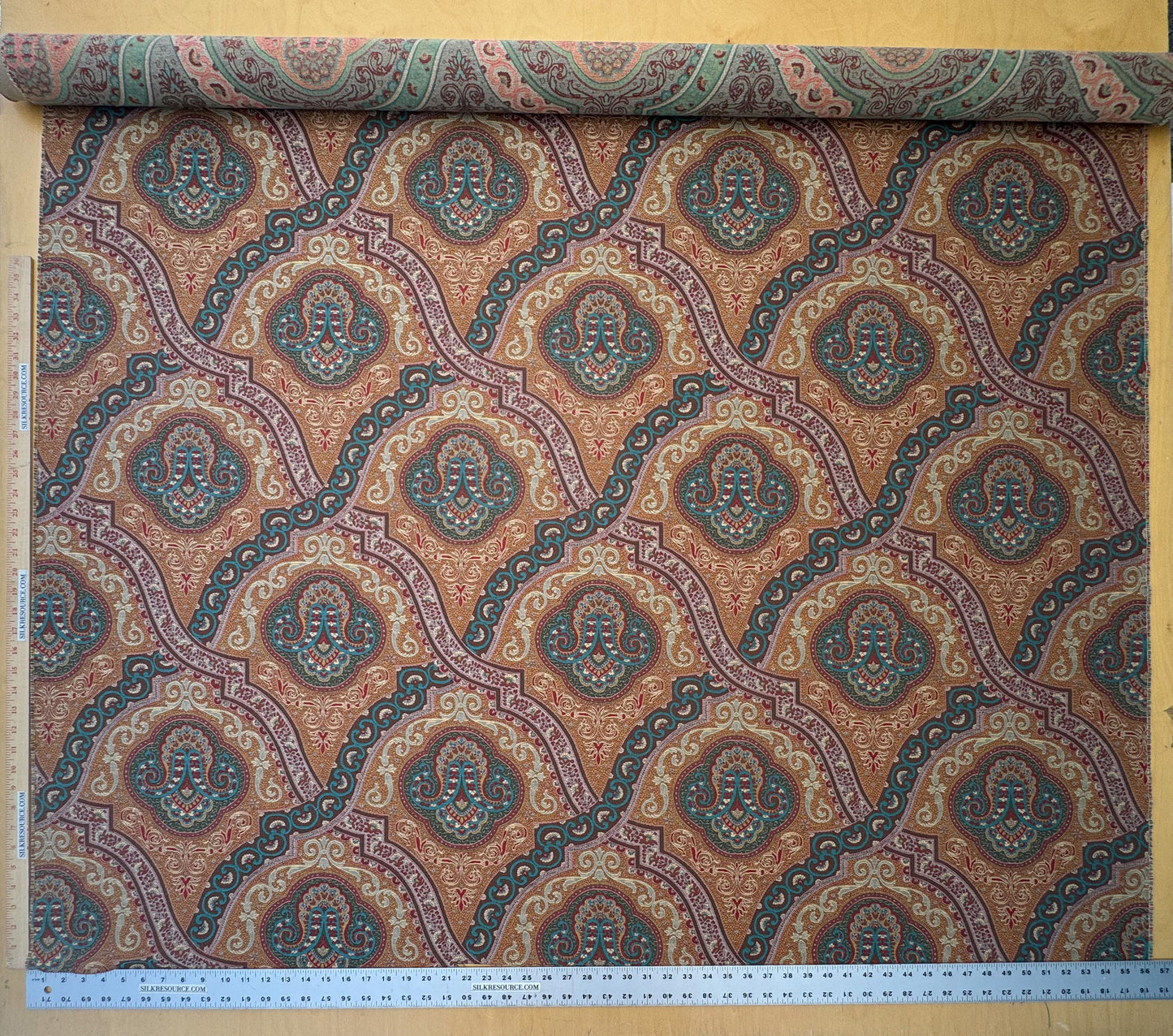 Scalamandre Antonova Teal/Gold Blue Red Cotton Fretwork Lattice Paisley - by the yard