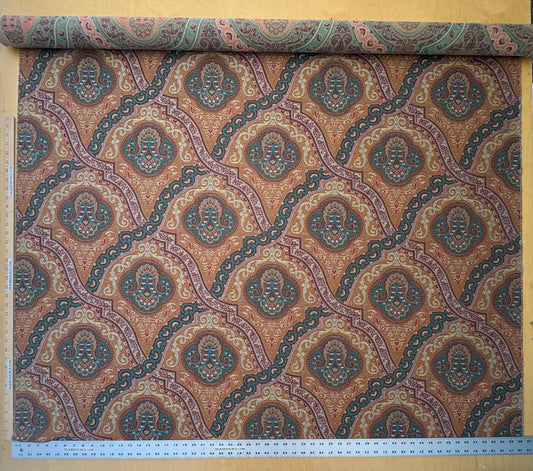 Scalamandre Antonova Teal/Gold Blue Red Cotton Fretwork Lattice Paisley - by the yard