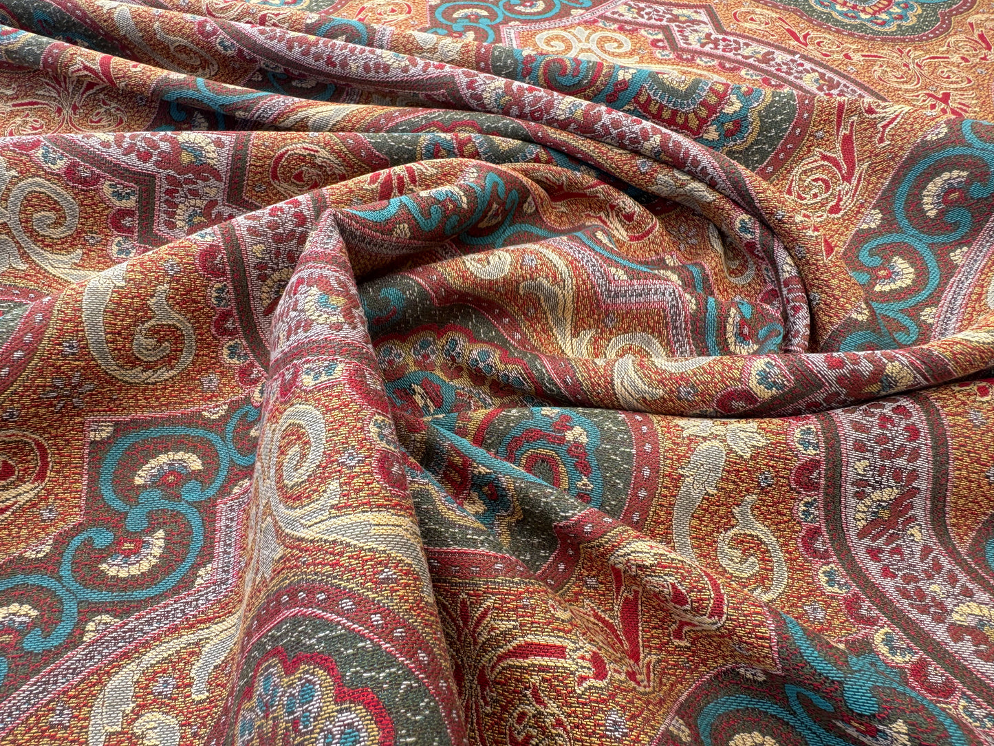 Scalamandre Antonova Teal/Gold Blue Red Cotton Fretwork Lattice Paisley - by the yard