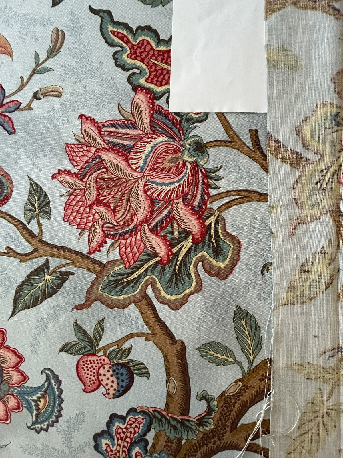 Scalamandre Grey Watkins Le Beaucet Linen Hand Print Bird Flower Chinoiserie Palampore Blue Pink Red