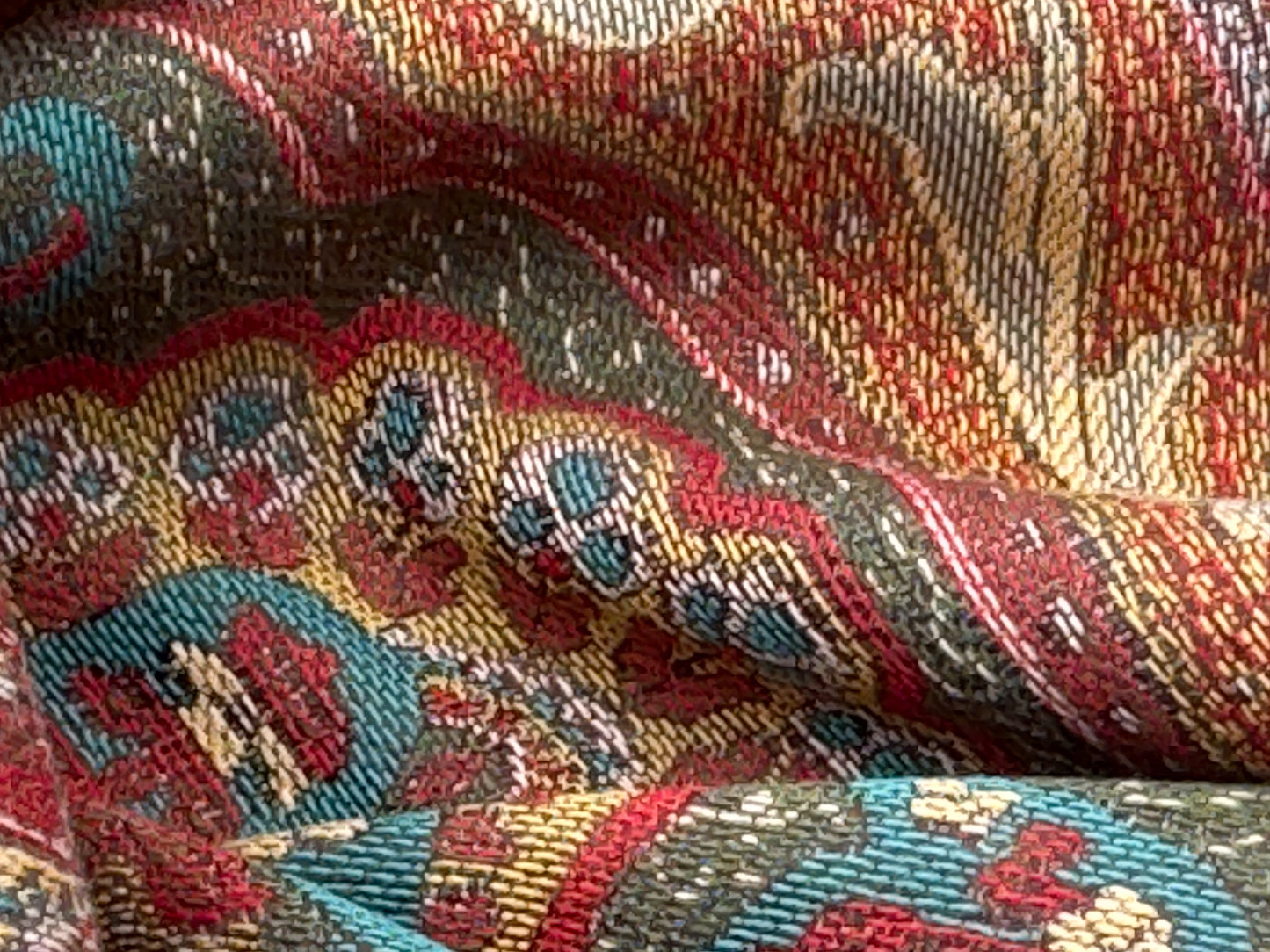 Scalamandre Antonova Teal/Gold Blue Red Cotton Fretwork Lattice Paisley - by the yard