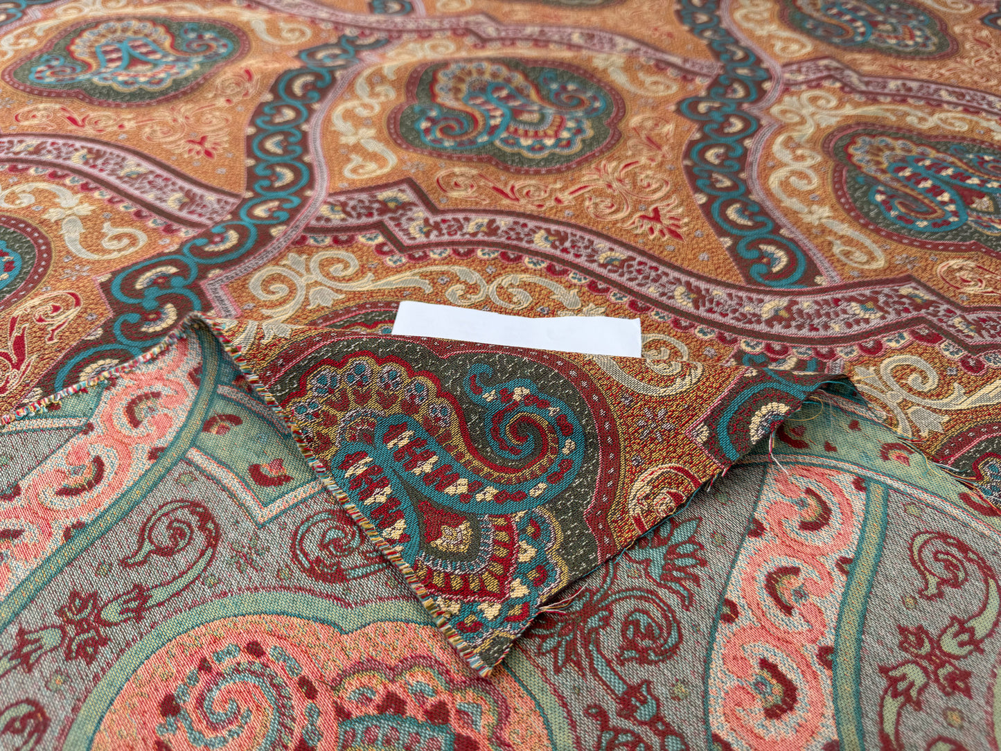 Scalamandre Antonova Teal/Gold Blue Red Cotton Fretwork Lattice Paisley - by the yard