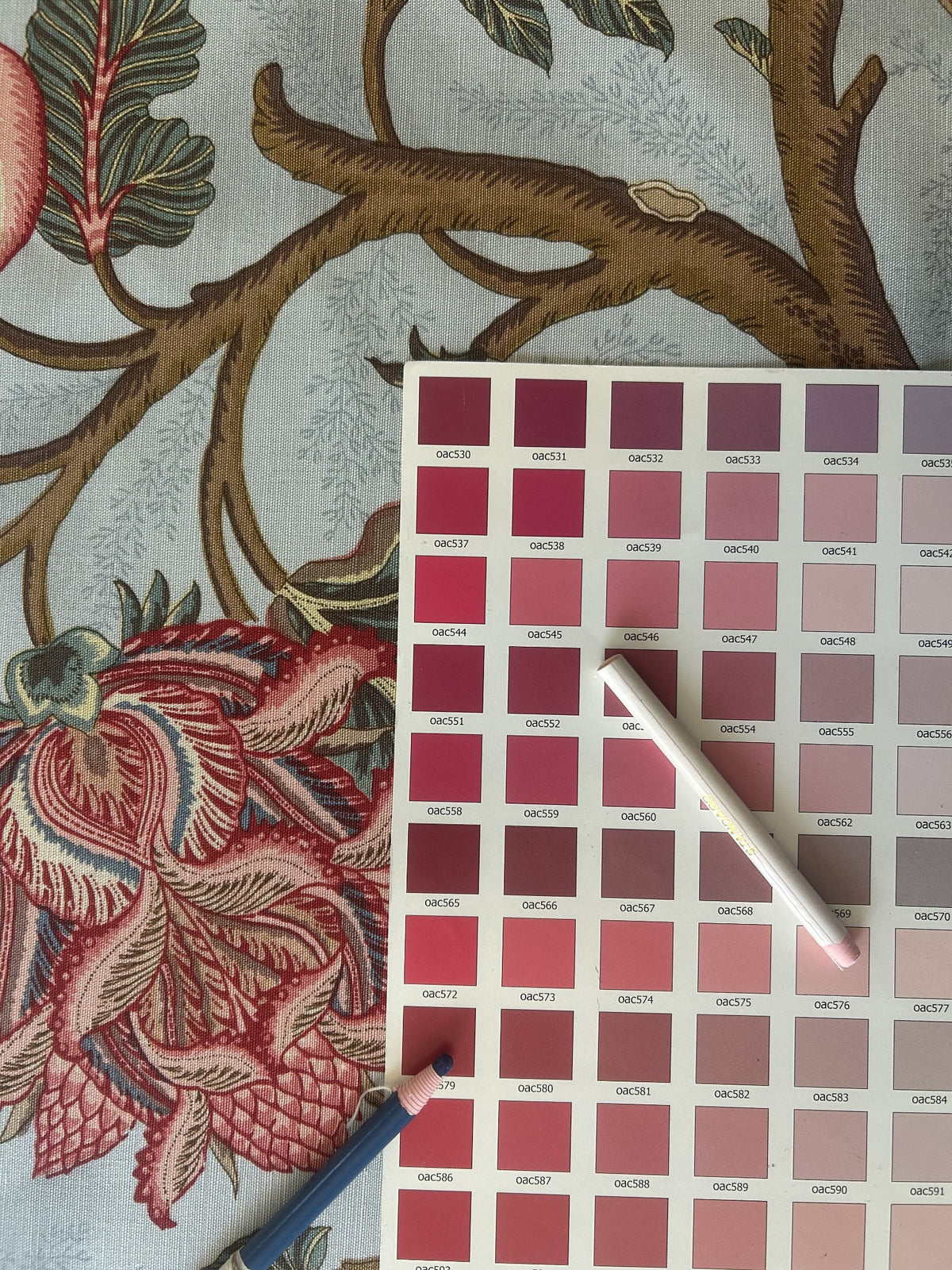 Scalamandre Grey Watkins Le Beaucet Linen Hand Print Bird Flower Chinoiserie Palampore Blue Pink Red
