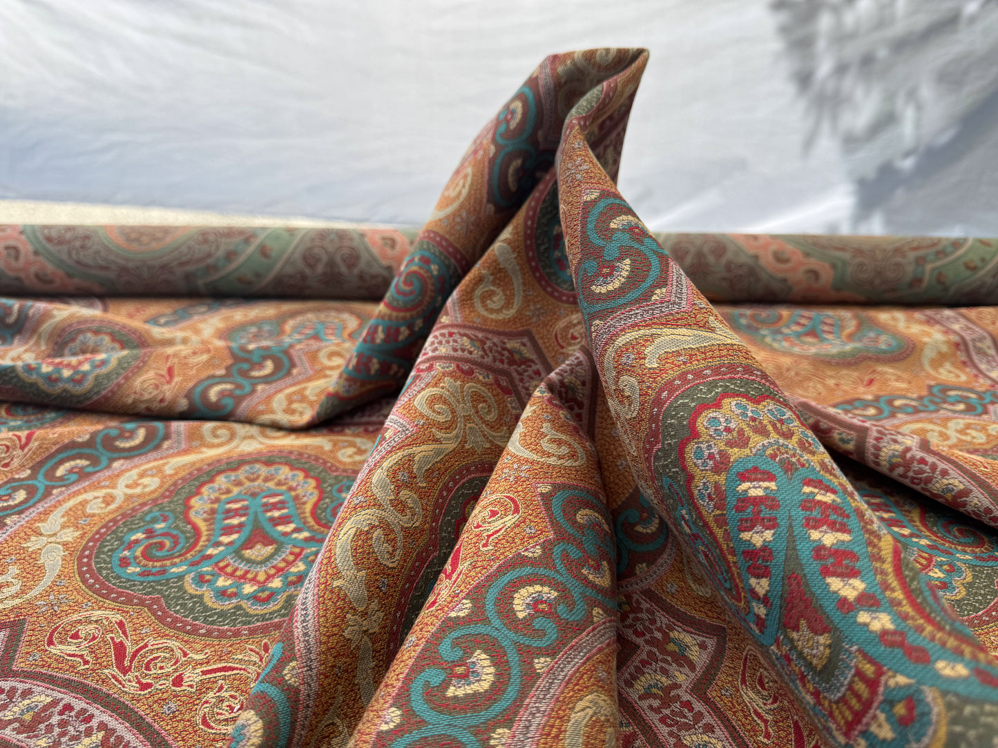 Scalamandre Antonova Teal/Gold Blue Red Cotton Fretwork Lattice Paisley - by the yard