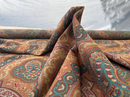 Scalamandre Antonova Teal/Gold Blue Red Cotton Fretwork Lattice Paisley - by the yard