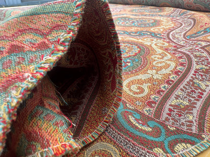 Scalamandre Antonova Teal/Gold Blue Red Cotton Fretwork Lattice Paisley - by the yard