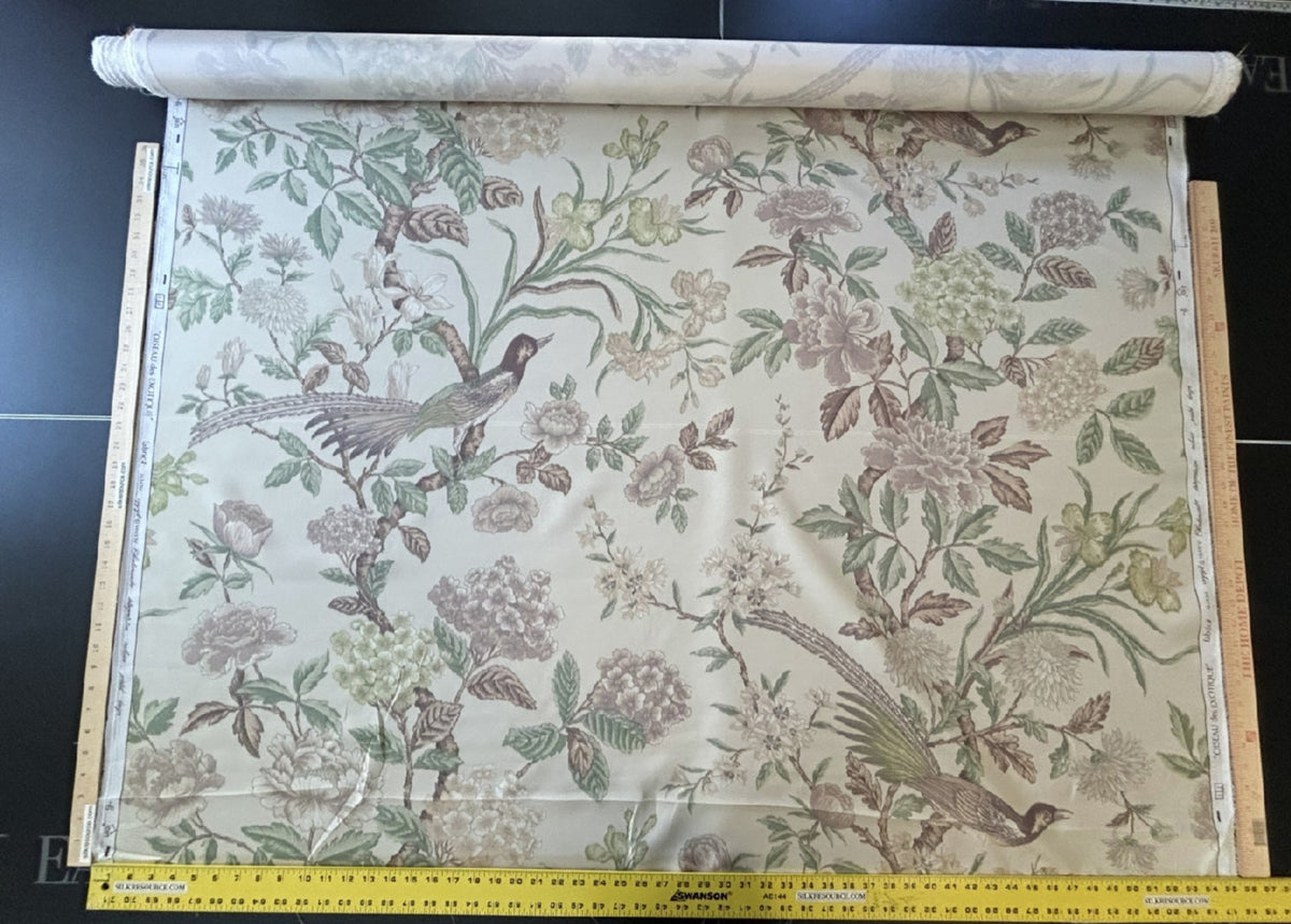 Scalamandre Oiseau des Exotique 100% Silk Print Flower and Birds Chnoiserie Tree of Life Beige Cream Green