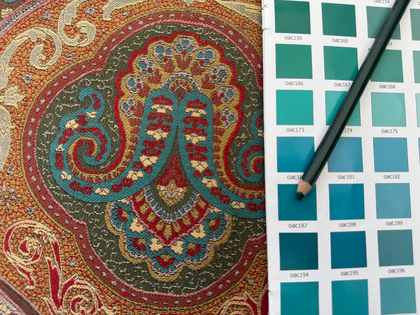 Scalamandre Antonova Teal/Gold Blue Red Cotton Fretwork Lattice Paisley - by the yard