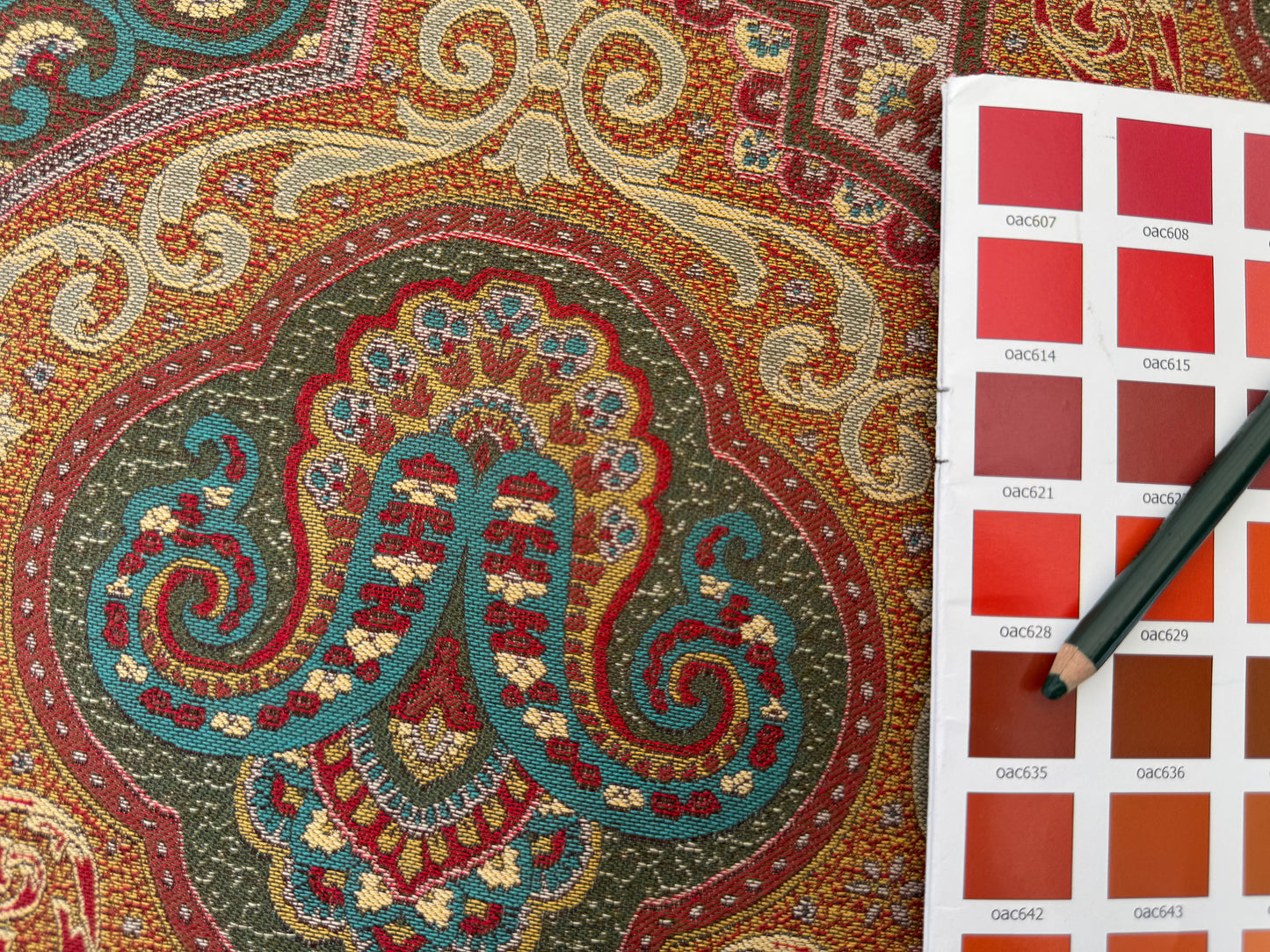 Scalamandre Antonova Teal/Gold Blue Red Cotton Fretwork Lattice Paisley - by the yard