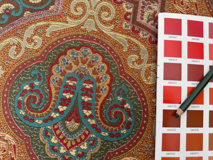 Scalamandre Antonova Teal/Gold Blue Red Cotton Fretwork Lattice Paisley - by the yard