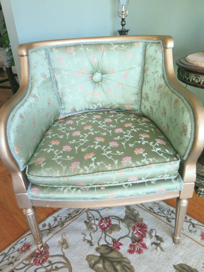 by yard 100% Silk Lampas Sage Blossom Sprig "monarch" Light Green/gold