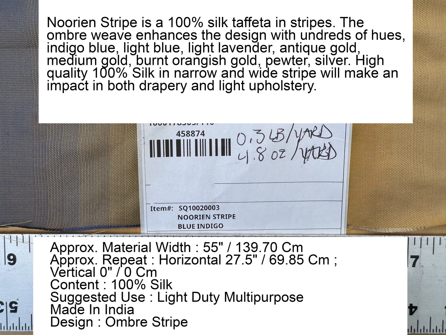 Scalamandre Noorien Stripe Blue Indigo Gold 100% Silk Wide Ombre Stripe - By the yard