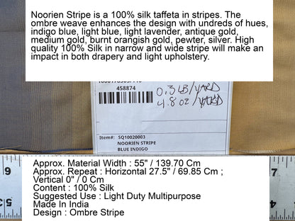 Scalamandre Noorien Stripe Blue Indigo Gold 100% Silk Wide Ombre Stripe - By the yard