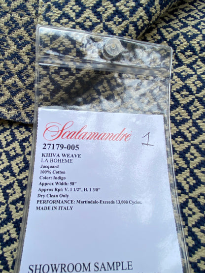 15 Berkbox85 Square Jacquard by Scalamandre Khiva Weave Indigo Cotton Small Scale Blue Beige MSRP USD 180/y