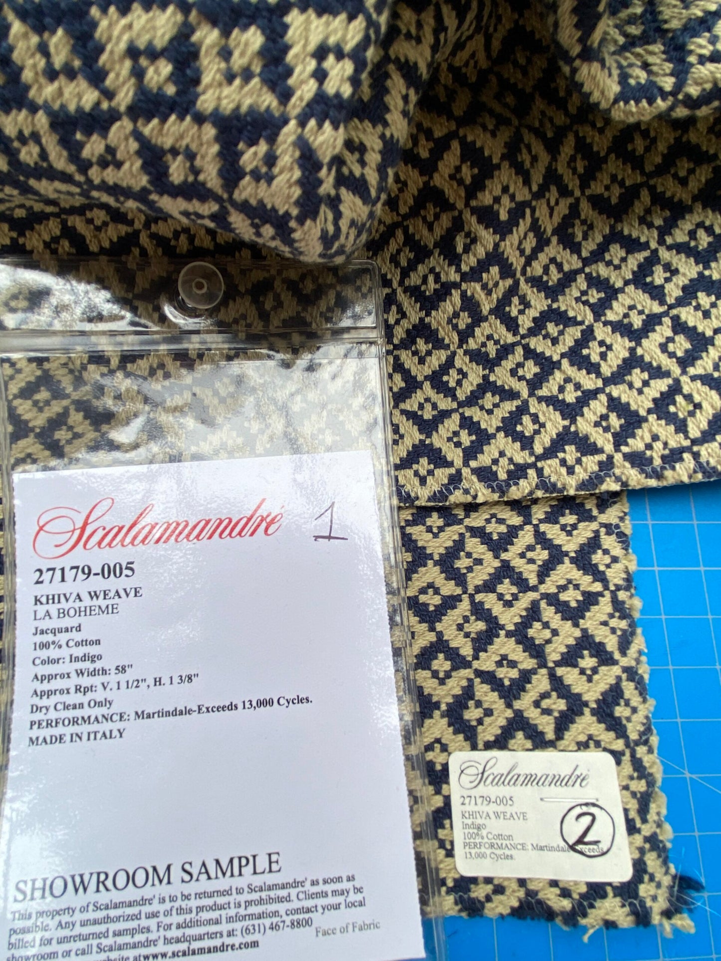 15 Berkbox85 Square Jacquard by Scalamandre Khiva Weave Indigo Cotton Small Scale Blue Beige MSRP USD 180/y