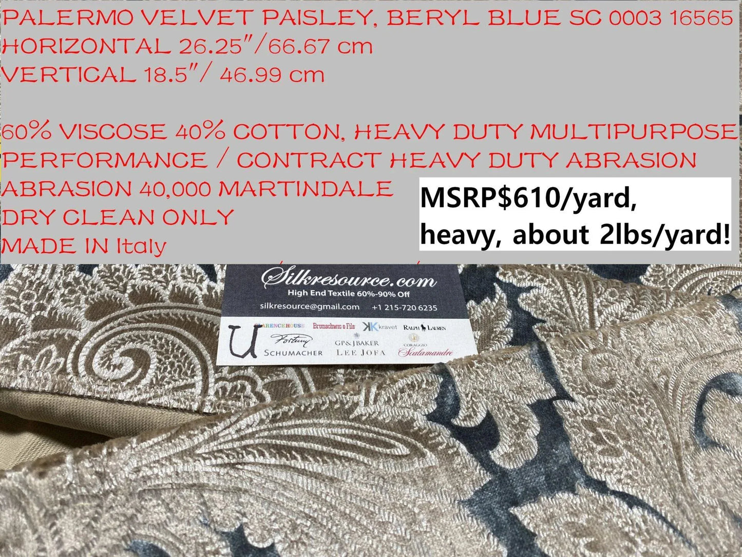 14 Boxu Scalamandre 2.4yd Palermo Velvet Beryl Blue Printed Velvet MSRP USD 610/Y