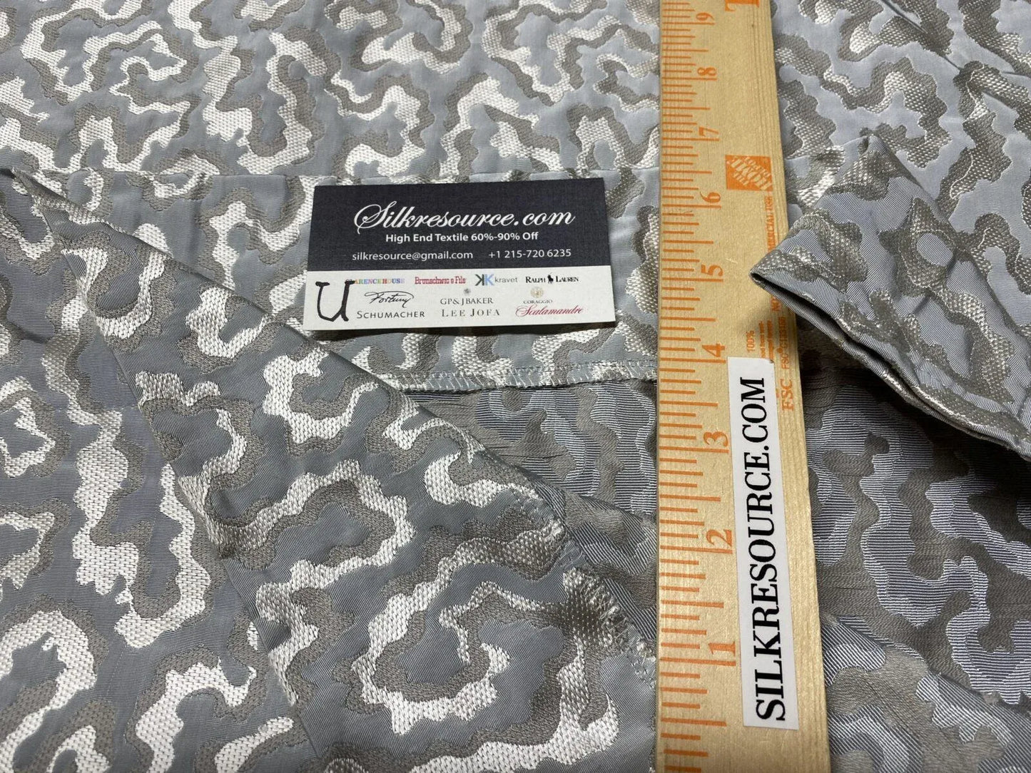 15 Boxu Scalamandre 2.4yd Silk Blend Damask Silvery Grey Cloud Coral Abstract Texture