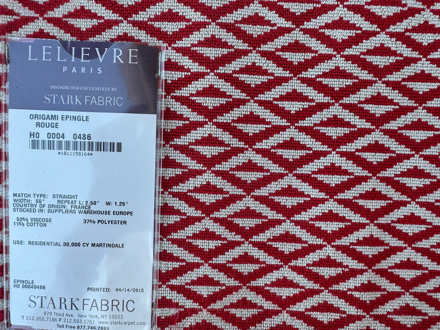19 EV56  Square 25" x 26" Scalamandre Lelievre Paris Origami Epingle Rouge Red White Diamond Geometric Small Scale MSRP USD374/y