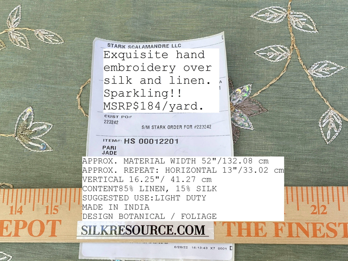 Scalamandre  Pari Jade Silk Linen Embroidery Sequin Green MSRP USD 184/y