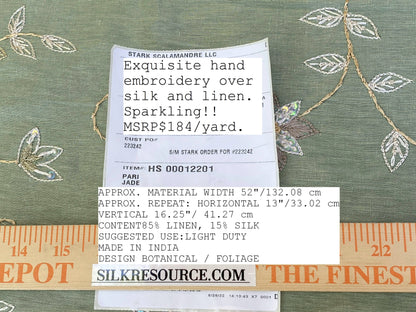 Scalamandre  Pari Jade Silk Linen Embroidery Sequin Green MSRP USD 184/y