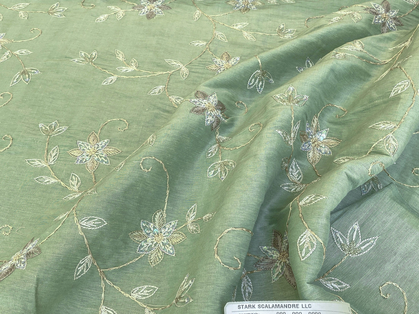Scalamandre  Pari Jade Silk Linen Embroidery Sequin Green MSRP USD 184/y