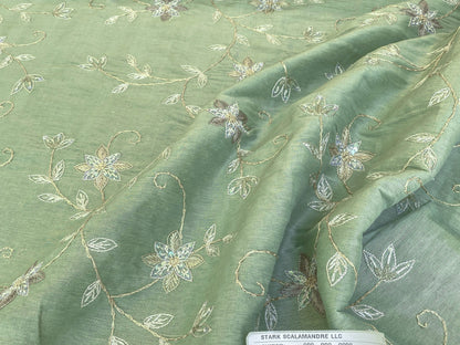 Scalamandre  Pari Jade Silk Linen Embroidery Sequin Green MSRP USD 184/y