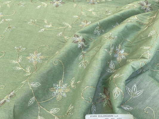 Scalamandre  Pari Jade Silk Linen Embroidery Sequin Green MSRP USD 184/y