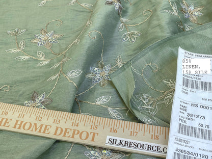 Scalamandre  Pari Jade Silk Linen Embroidery Sequin Green MSRP USD 184/y