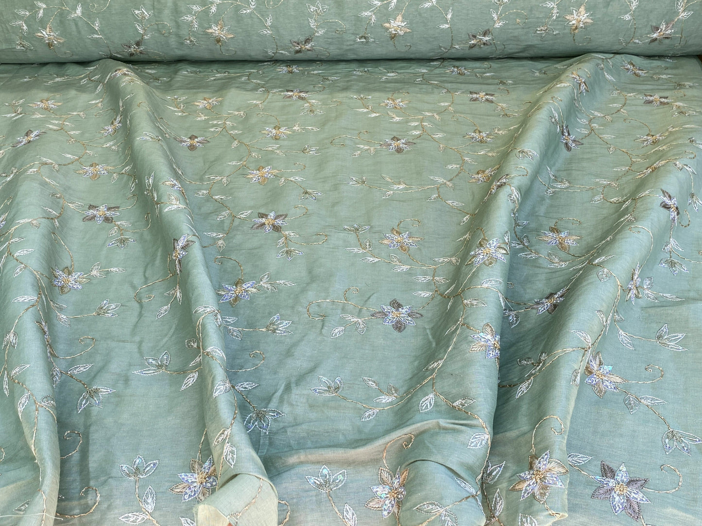 Scalamandre  Pari Jade Silk Linen Embroidery Sequin Green MSRP USD 184/y