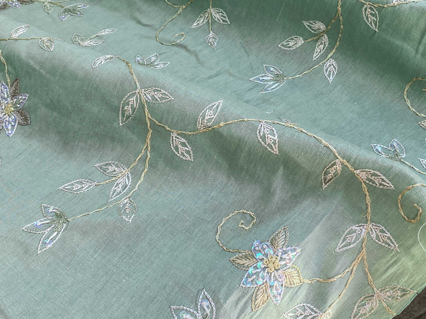 Scalamandre  Pari Jade Silk Linen Embroidery Sequin Green MSRP USD 184/y