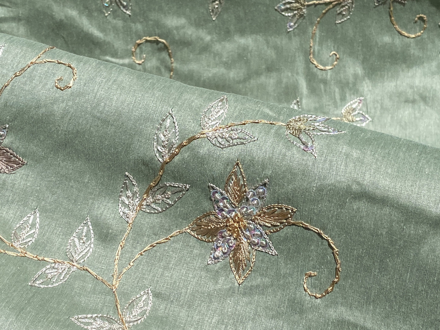Scalamandre  Pari Jade Silk Linen Embroidery Sequin Green MSRP USD 184/y