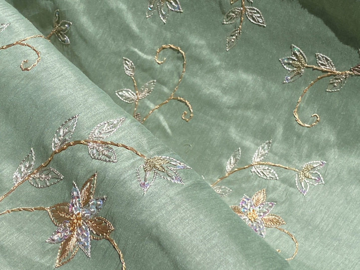Scalamandre  Pari Jade Silk Linen Embroidery Sequin Green MSRP USD 184/y